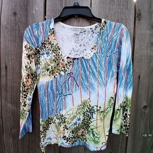 VINTAGE Y2K ALBERTO MAKALI BEADED TOP M NATURE PRINT  STRETCH 3/4 SLEEVES 80s